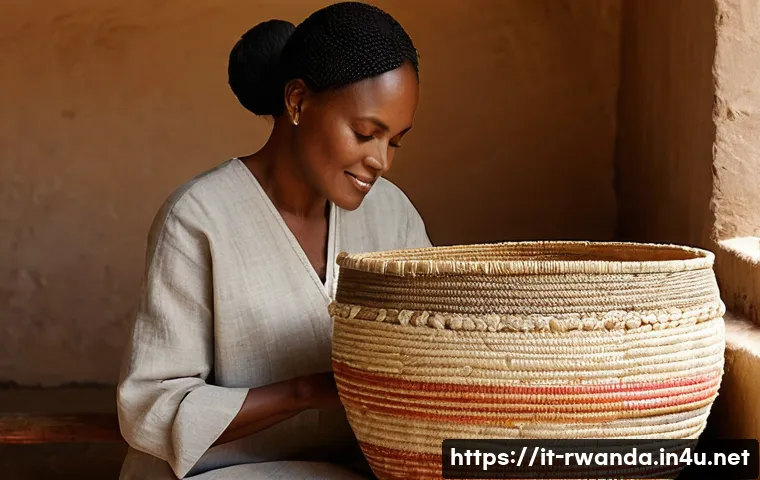 르완다 전통 직물 박물관 - **Prompt for Agaseke (Woven Baskets):**
    "A candid, sunlit image of a skilled Rwandan woman artis...