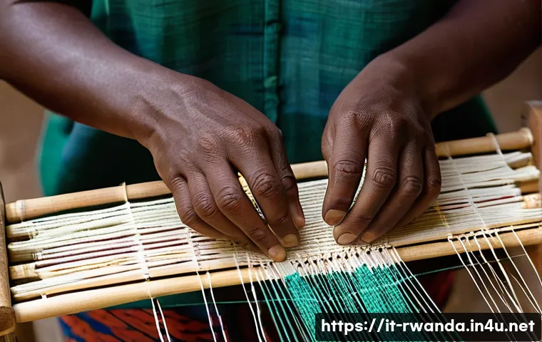 르완다 전통 직물의 글로벌 홍보 전략 - **"A close-up shot of a Rwandan artisan's hands, gracefully weaving vibrant natural cotton and nativ...