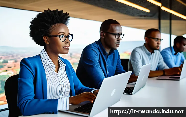 르완다의 중소기업 지원 - **Prompt:** "A vibrant scene depicting young Rwandan software developers, both male and female, coll...