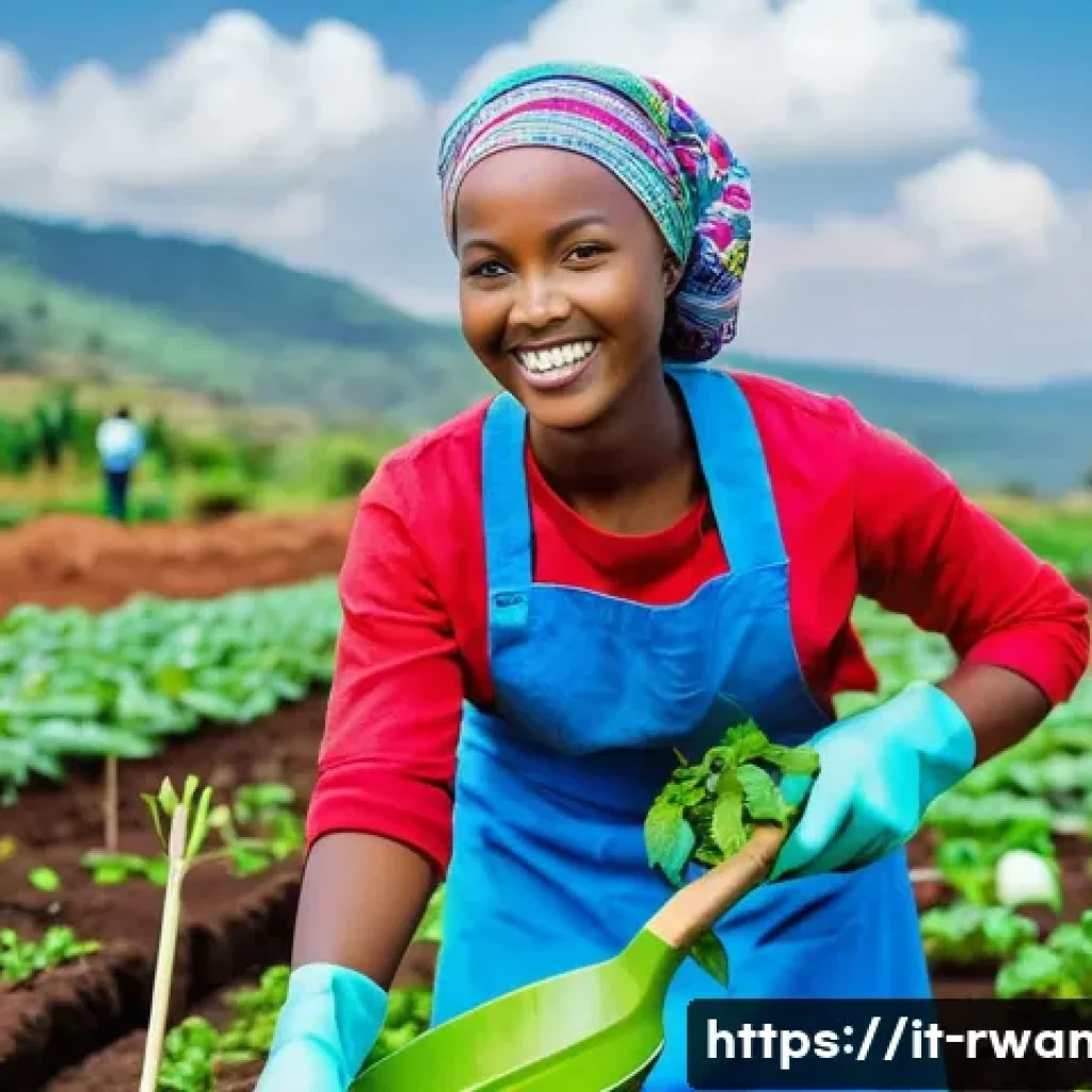 르완다에서의 유학 생활 - **A young woman, 22 years old, with a bright smile, volunteering at a community farm in Rwanda. She ...