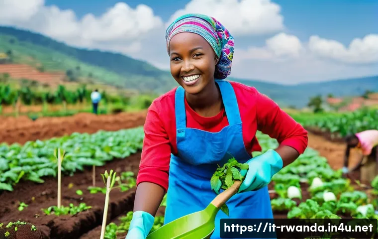 르완다에서의 유학 생활 - **A young woman, 22 years old, with a bright smile, volunteering at a community farm in Rwanda. She ...