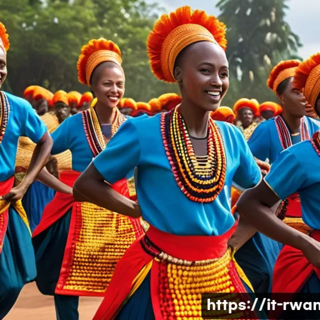 르완다 전통 춤 연구소 - **"The Vibrant Heartbeat of Rwanda"**: A dynamic and colorful image capturing a group of Rwandan dan...