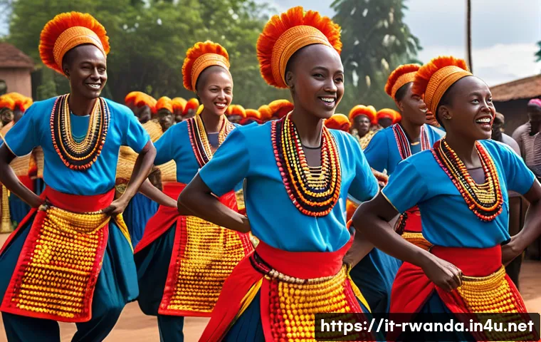 르완다 전통 춤 연구소 - **"The Vibrant Heartbeat of Rwanda"**: A dynamic and colorful image capturing a group of Rwandan dan...