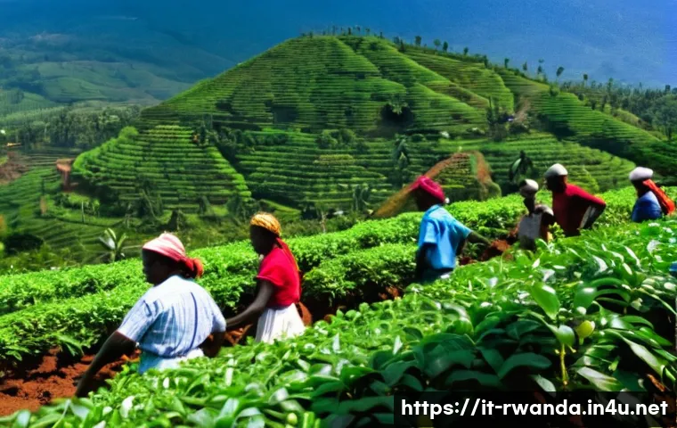 르완다 커피 농장 체험 - **Prompt:** A vibrant, panoramic shot of a Rwandan coffee plantation stretching across rolling hills...
