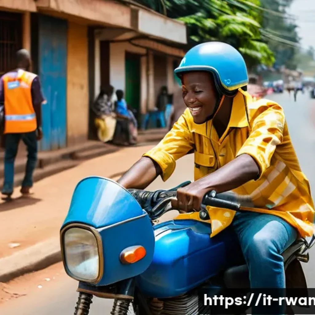 르완다의 대중 교통 안전성 - **Vibrant Kigali Moto-Taxi Scene:**
    "A bustling, photorealistic street scene in Kigali, Rwanda, ...