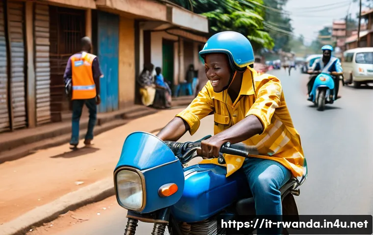 르완다의 대중 교통 안전성 - **Vibrant Kigali Moto-Taxi Scene:**
"A bustling, photorealistic street scene in Kigali, Rwanda, ...