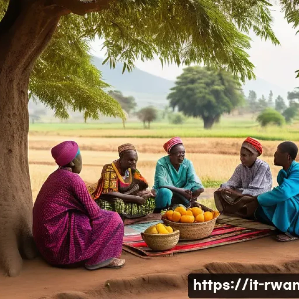 르완다 봉사자 후기 - A vibrant rural Rwandan community scene during a morning gathering, featuring local people dressed i...