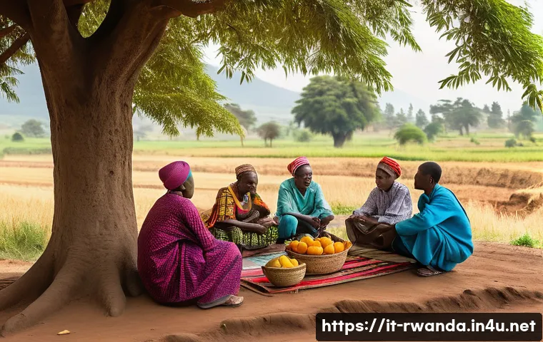 르완다 봉사자 후기 - A vibrant rural Rwandan community scene during a morning gathering, featuring local people dressed i...