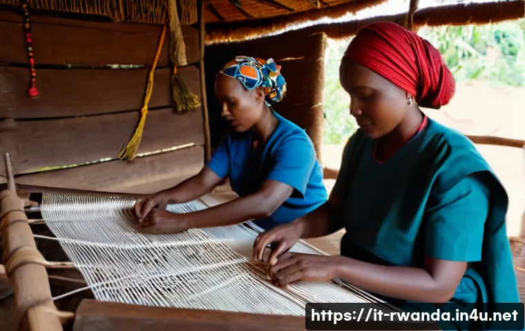 르완다 전통 직물 디자인 갤러리 - A vibrant and detailed scene of Rwandan women artisans weaving traditional Umushanana fabric by hand...