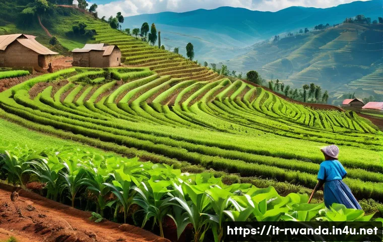 르완다의 식량 안보 프로그램 - A vibrant rural Rwandan farming community scene showcasing farmers of various ages actively engaged ...