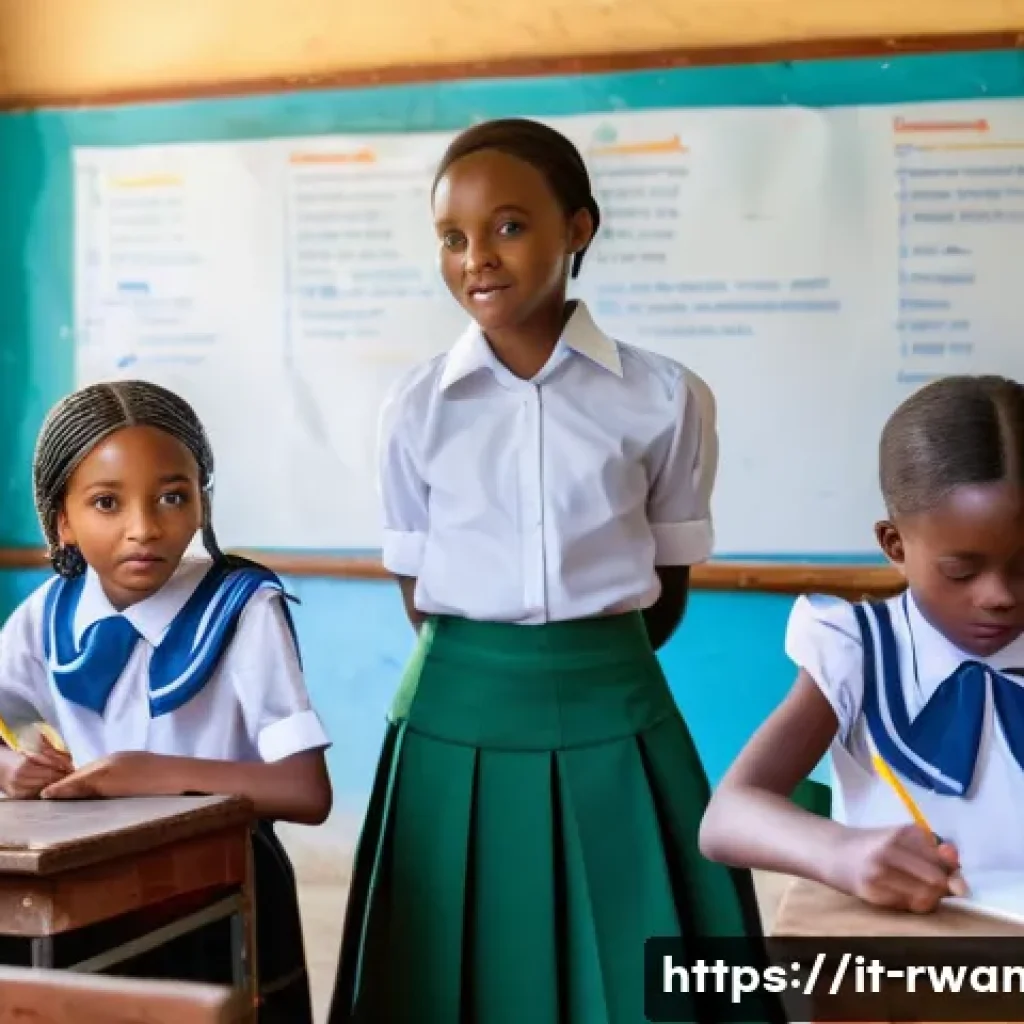 르완다의 주요 언어 - A vibrant Rwandan classroom scene showing children aged 10-12 attentively learning multiple language...