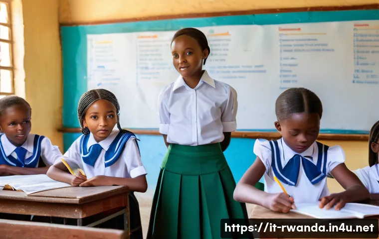 르완다의 주요 언어 - A vibrant Rwandan classroom scene showing children aged 10-12 attentively learning multiple language...