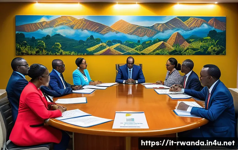 르완다의 주요 정치 인물 - A vibrant political meeting in Kigali featuring diverse Rwandan leaders engaged in discussion, set i...