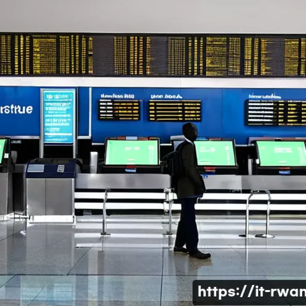 르완다 공항 도착 절차 - A busy airport arrival hall in Kigali, Rwanda, showing clear and well-placed signage in English and ...