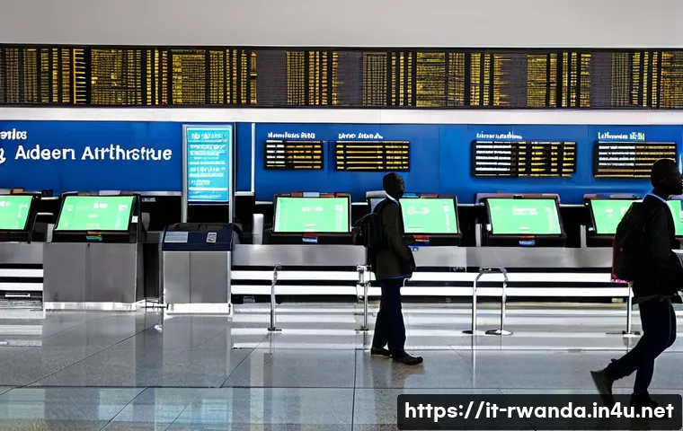 르완다 공항 도착 절차 - A busy airport arrival hall in Kigali, Rwanda, showing clear and well-placed signage in English and ...