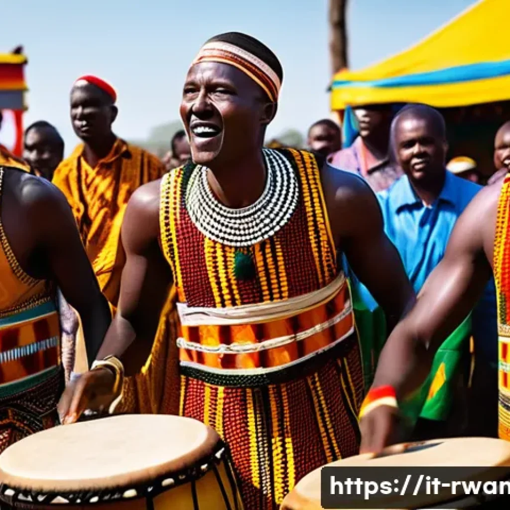 르완다의 전통 음악 축제 - A vibrant Rwandan traditional music festival scene featuring master drummers skillfully playing larg...