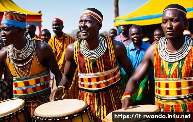 르완다의 전통 음악 축제 - A vibrant Rwandan traditional music festival scene featuring master drummers skillfully playing larg...