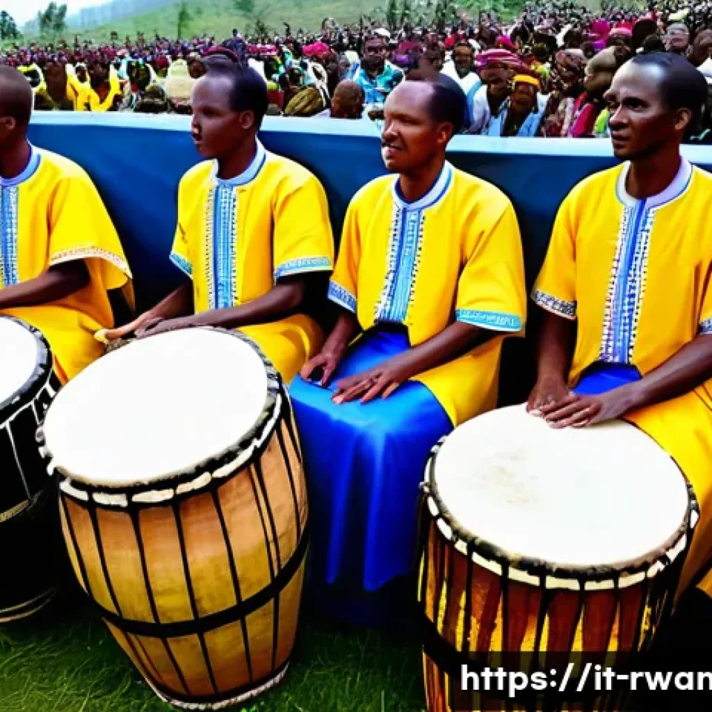 르완다 민속 음악의 악기 사용법 - A vibrant traditional Rwandan ceremony scene featuring skilled musicians playing large ingoma drums ...