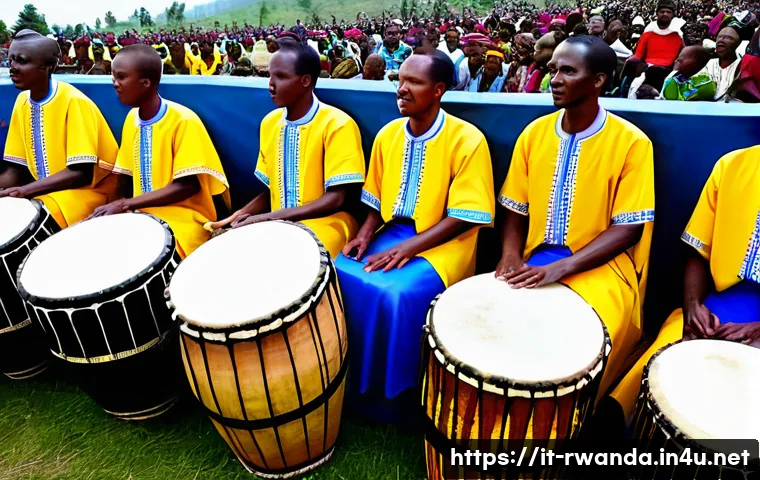 르완다 민속 음악의 악기 사용법 - A vibrant traditional Rwandan ceremony scene featuring skilled musicians playing large ingoma drums ...