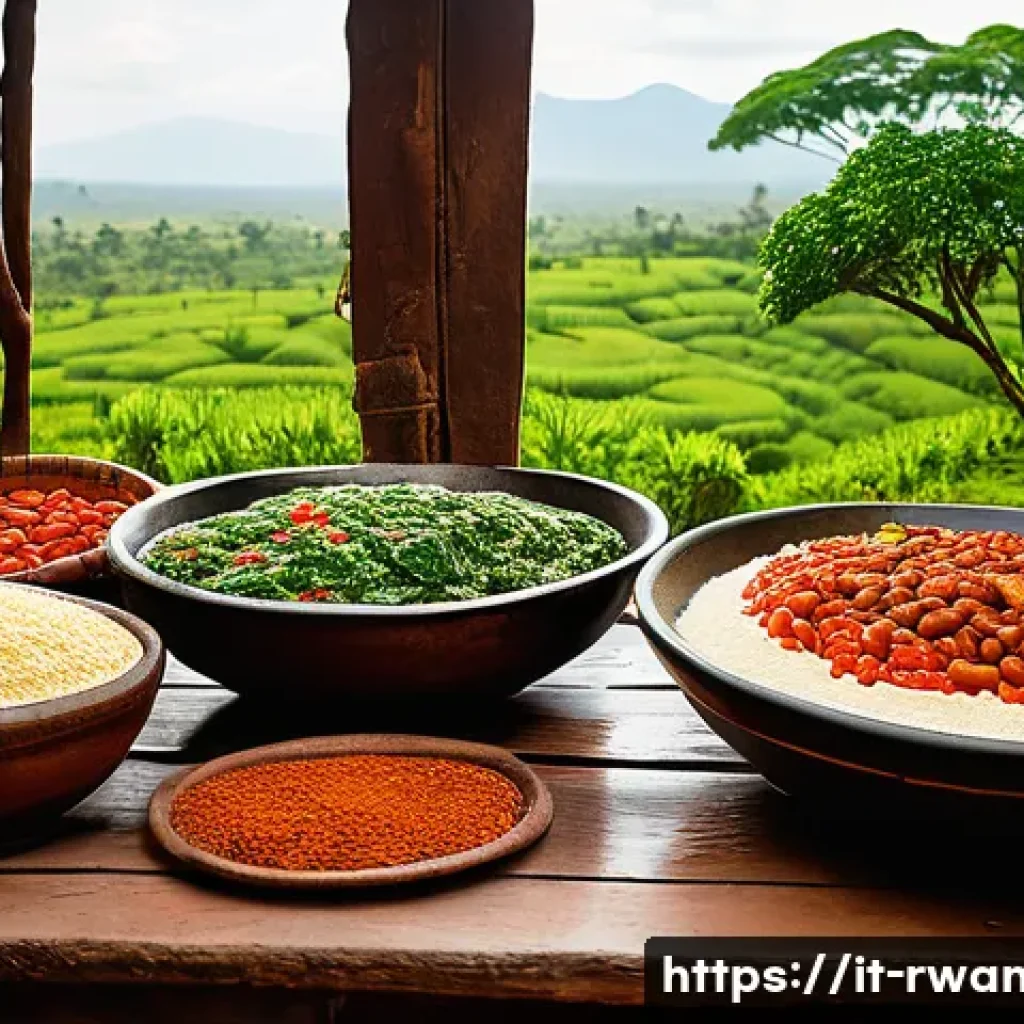 르완다의 전통 음식 레시피 - A vibrant Rwandan kitchen scene showcasing a traditional meal preparation: a rustic wooden table fil...