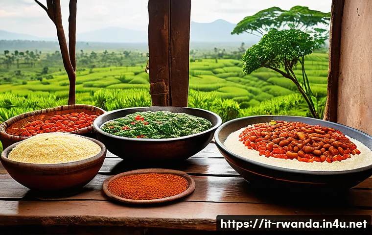 르완다의 전통 음식 레시피 - A vibrant Rwandan kitchen scene showcasing a traditional meal preparation: a rustic wooden table fil...