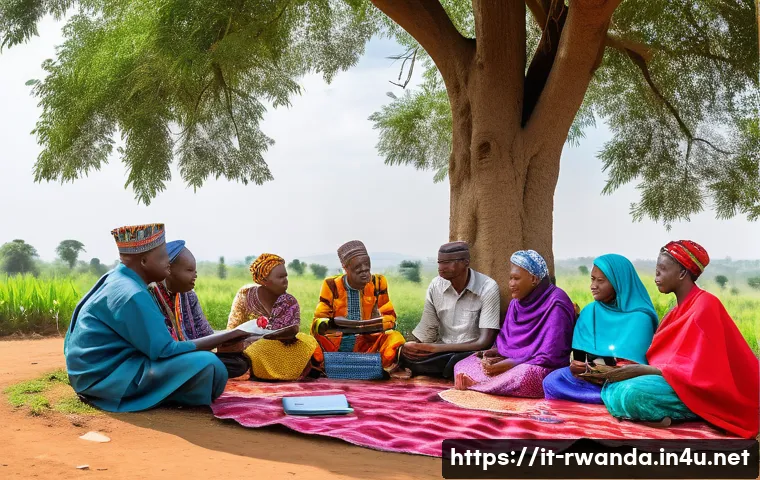 르완다의 주요 NGO 이슈 - A vibrant community meeting in a rural Rwandan village, featuring diverse local adults and elders en...