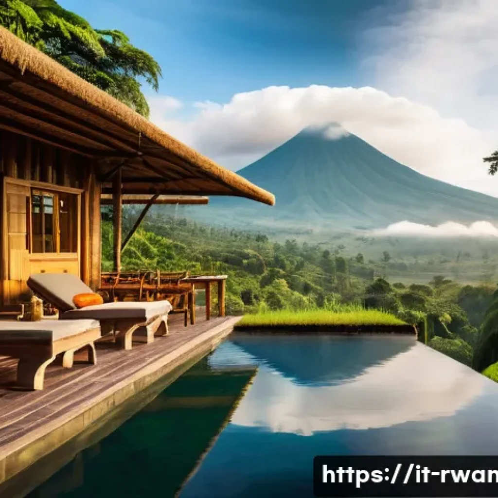 르완다 호텔 추천 - A serene eco-resort lodge nestled in the lush greenery of a Rwandan national park, featuring rustic ...
