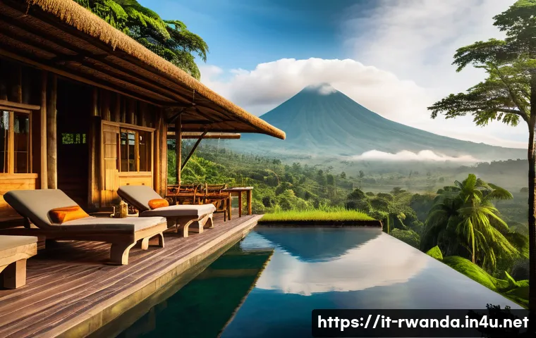 르완다 호텔 추천 - A serene eco-resort lodge nestled in the lush greenery of a Rwandan national park, featuring rustic ...