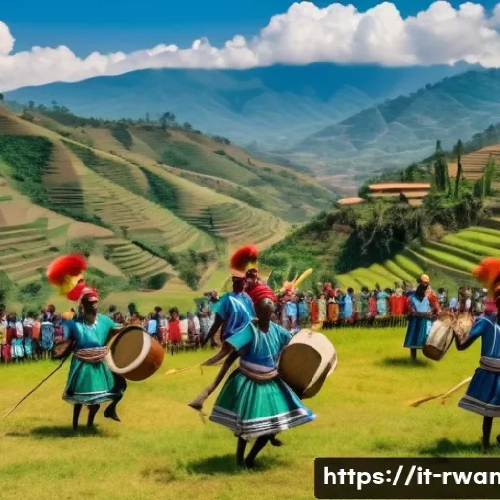 르완다 축제 및 행사 - A vibrant scene of the Festival of Intore Dances in rural Rwanda, showcasing traditional dancers dre...
