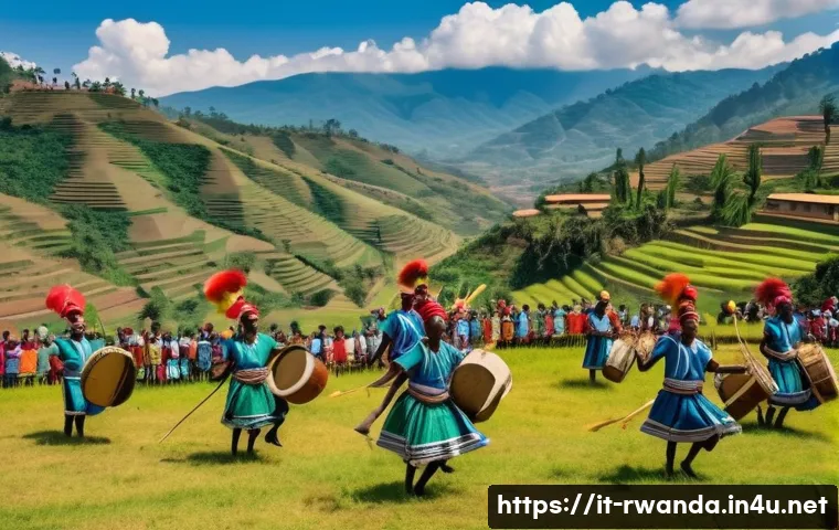 르완다 축제 및 행사 - A vibrant scene of the Festival of Intore Dances in rural Rwanda, showcasing traditional dancers dre...