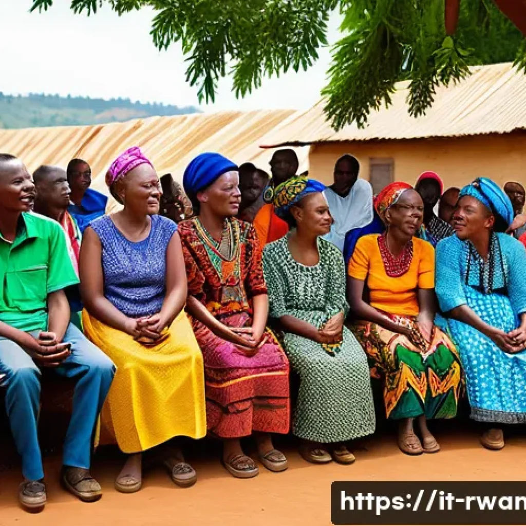 르완다에서의 지역 NGO 활동 - A vibrant rural community meeting in Rwanda showcasing inclusive participation: diverse villagers of...