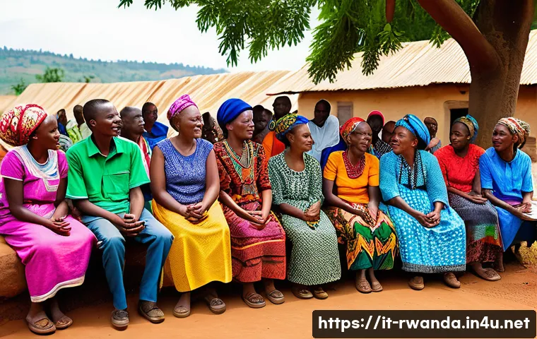 르완다에서의 지역 NGO 활동 - A vibrant rural community meeting in Rwanda showcasing inclusive participation: diverse villagers of...