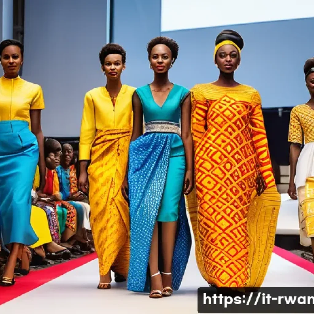 르완다의 전통 직물 패션쇼 - A vibrant Rwandan fashion runway scene featuring models wearing traditional Umushanana garments made...