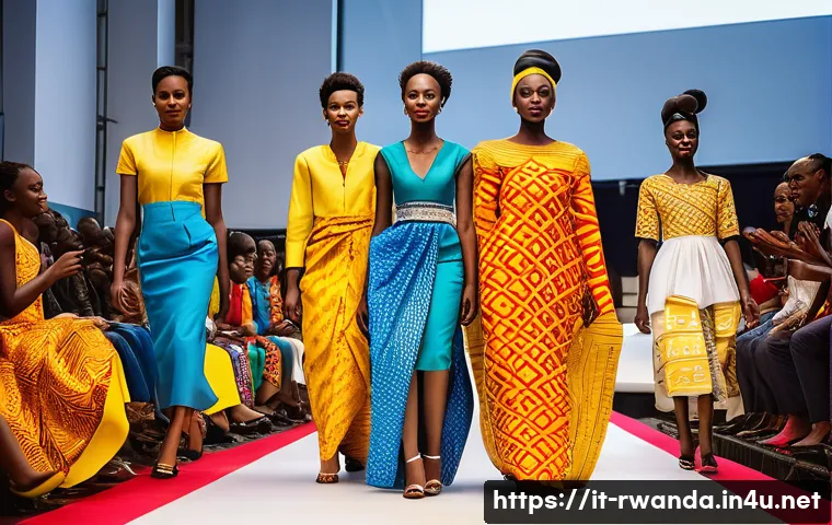 르완다의 전통 직물 패션쇼 - A vibrant Rwandan fashion runway scene featuring models wearing traditional Umushanana garments made...