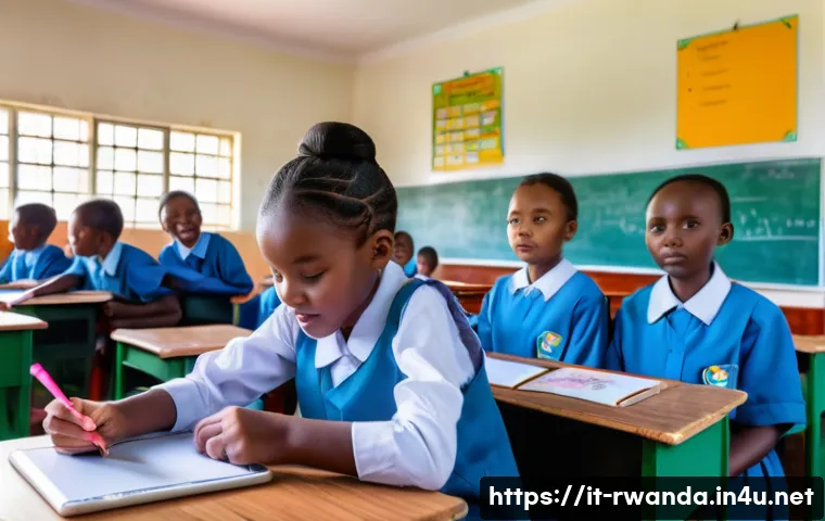 르완다의 주요 교육 기관 - A bright, modern primary school classroom in Rwanda equipped with interactive digital whiteboards, s...