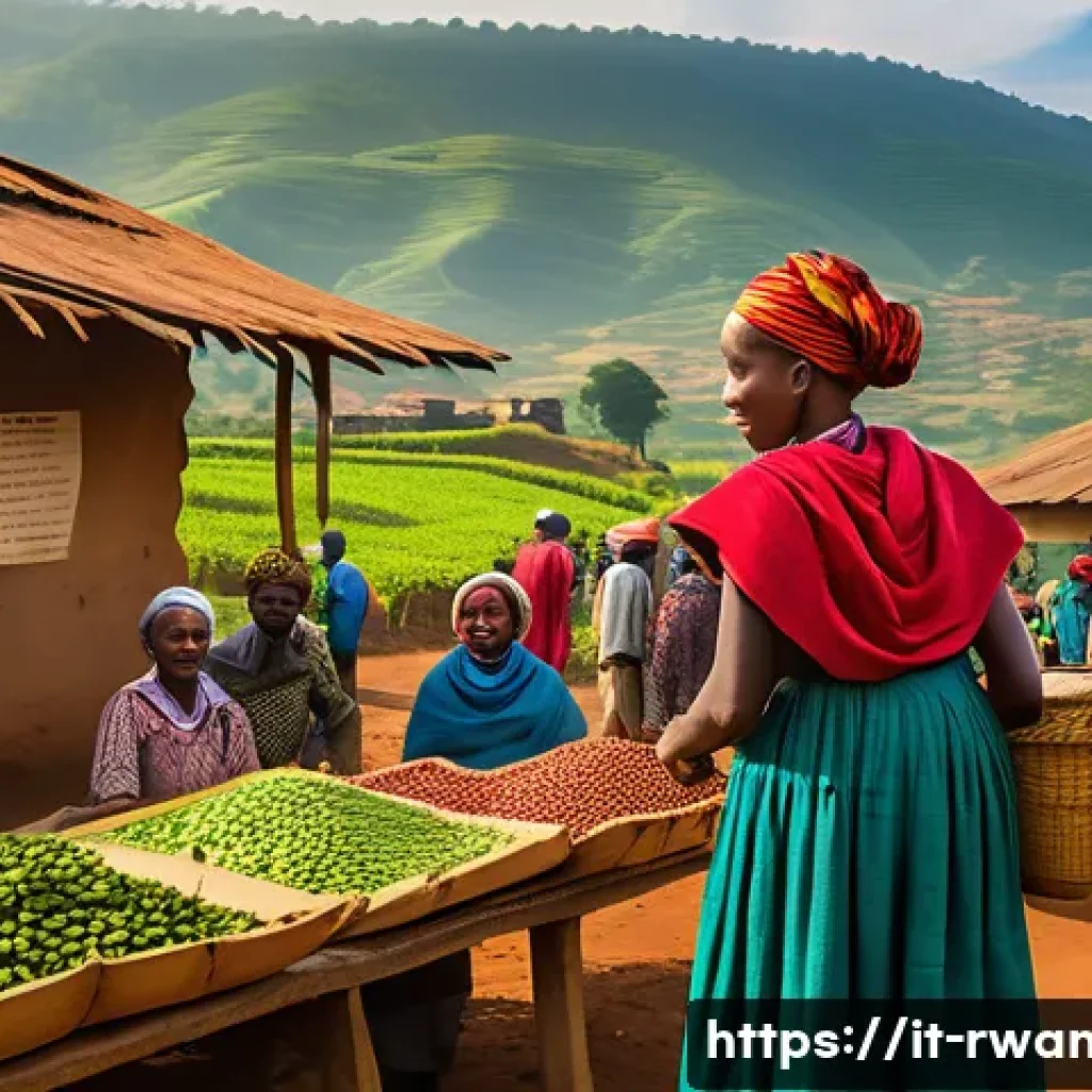 르완다와 남아프리카공화국 비교 - A vibrant Rwandan rural market scene at sunrise, featuring farmers and artisans selling coffee beans...