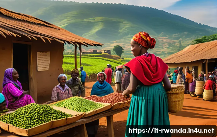 르완다와 남아프리카공화국 비교 - A vibrant Rwandan rural market scene at sunrise, featuring farmers and artisans selling coffee beans...