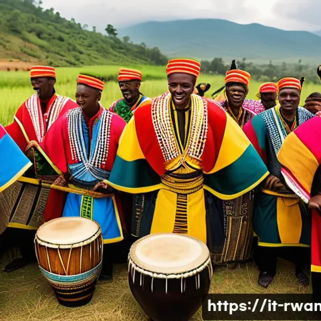 르완다 민속 음악의 지역별 차이 - A vibrant traditional Rwandan ceremony scene set in the central region, featuring a group of adult m...