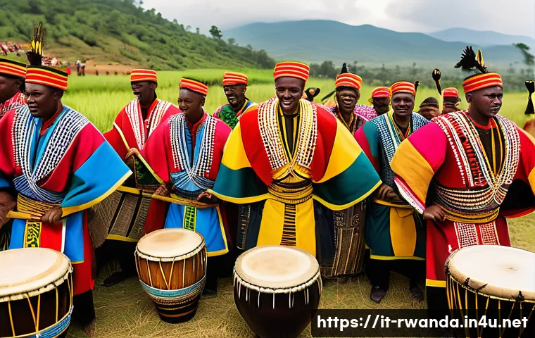 르완다 민속 음악의 지역별 차이 - A vibrant traditional Rwandan ceremony scene set in the central region, featuring a group of adult m...