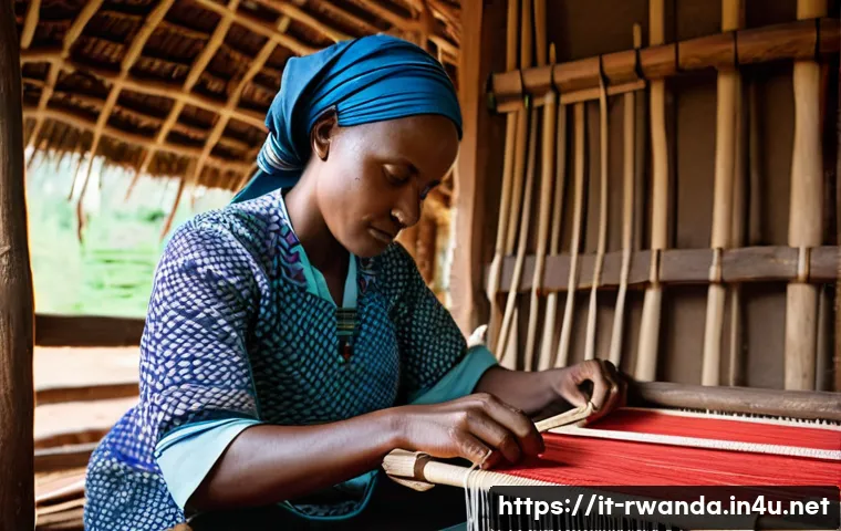 르완다 전통 직물 디자이너 인터뷰 - A skilled Rwandan artisan woman weaving traditional Imigongo textile patterns on a wooden loom made ...