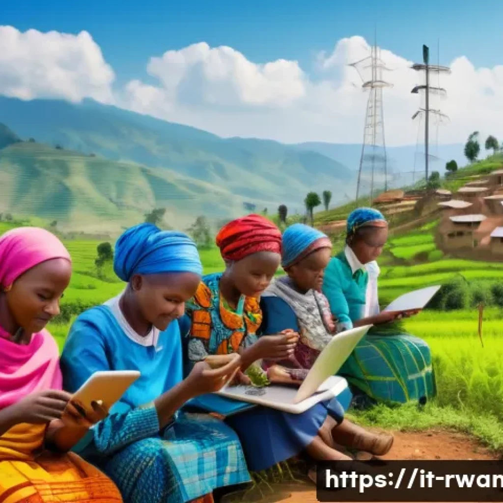 르완다의 주요 공공 정책 - A vibrant rural Rwandan village scene showcasing advanced digital infrastructure: villagers of diver...
