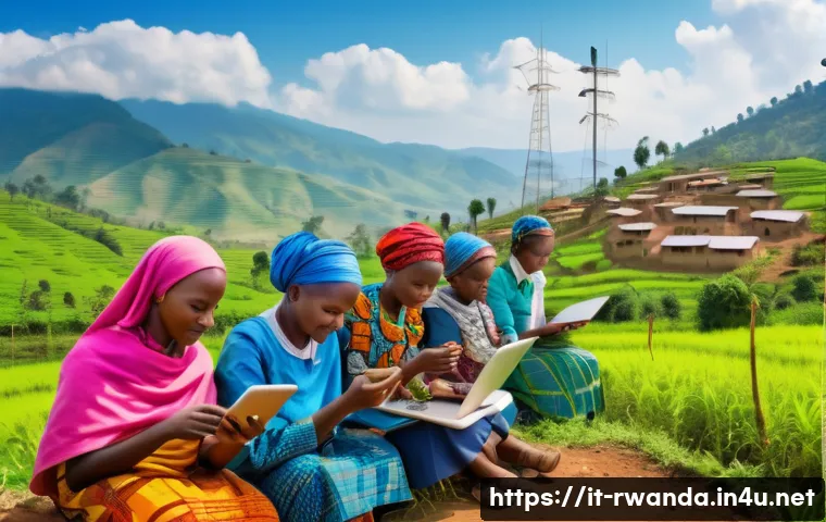 르완다의 주요 공공 정책 - A vibrant rural Rwandan village scene showcasing advanced digital infrastructure: villagers of diver...