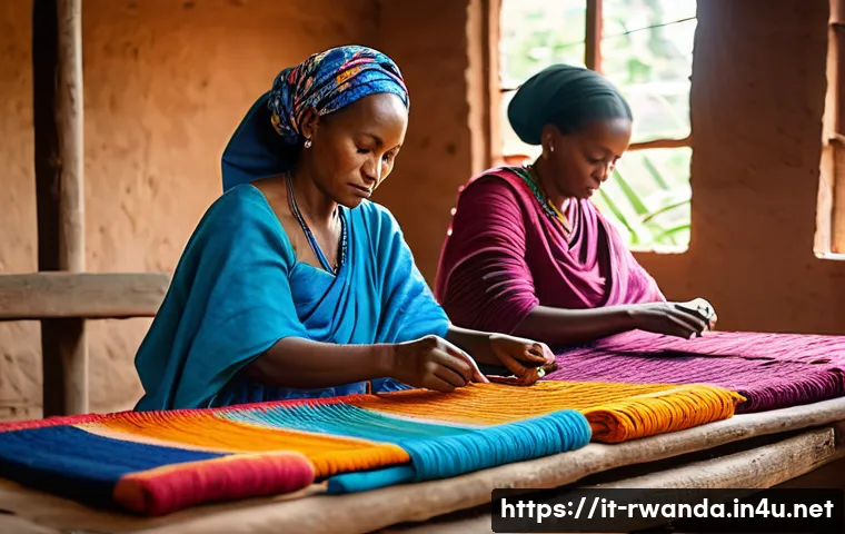 르완다 전통 직물 산업의 경제적 기여 - A vibrant Rwandan artisan workshop scene featuring women, dressed modestly in colorful traditional c...