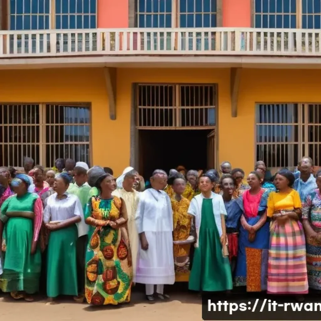 르완다의 종교 분포 - A vibrant community gathering outside a large Catholic church in Rwanda during a sunny day, showing ...