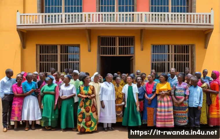 르완다의 종교 분포 - A vibrant community gathering outside a large Catholic church in Rwanda during a sunny day, showing ...