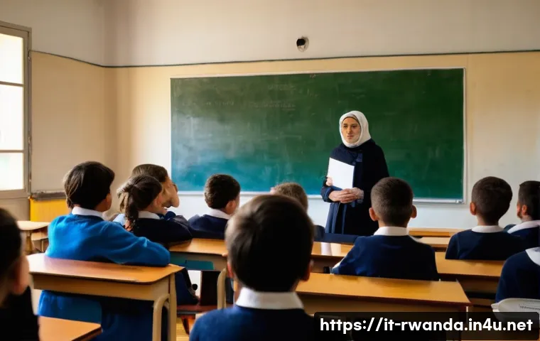 르완다의 주요 역사 교육 프로그램 - A classroom scene in an Italian school where a diverse group of students attentively listen to a sur...
