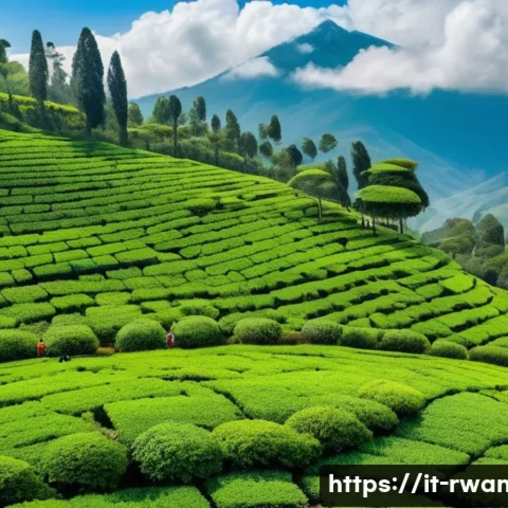 르완다산 차의 특성 - A serene high-altitude tea plantation in Rwanda, nestled among lush green mountains at 1800 meters e...