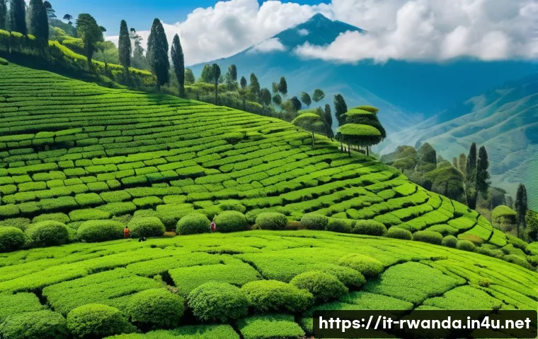 르완다산 차의 특성 - A serene high-altitude tea plantation in Rwanda, nestled among lush green mountains at 1800 meters e...