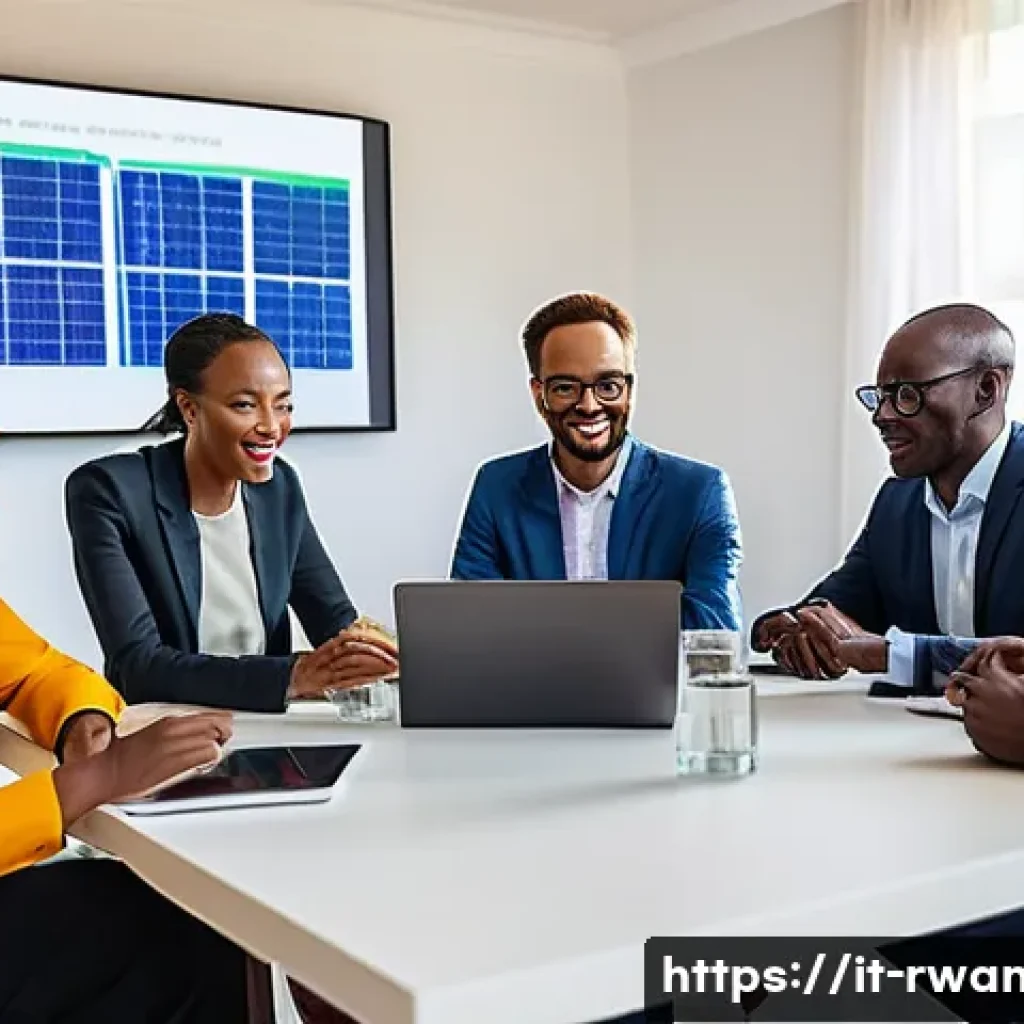 르완다와 영국의 관계 - A vibrant business meeting scene in Kigali, Rwanda, showcasing a diverse group of British and Rwanda...