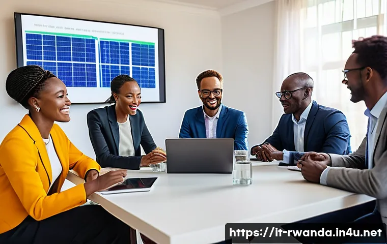 르완다와 영국의 관계 - A vibrant business meeting scene in Kigali, Rwanda, showcasing a diverse group of British and Rwanda...